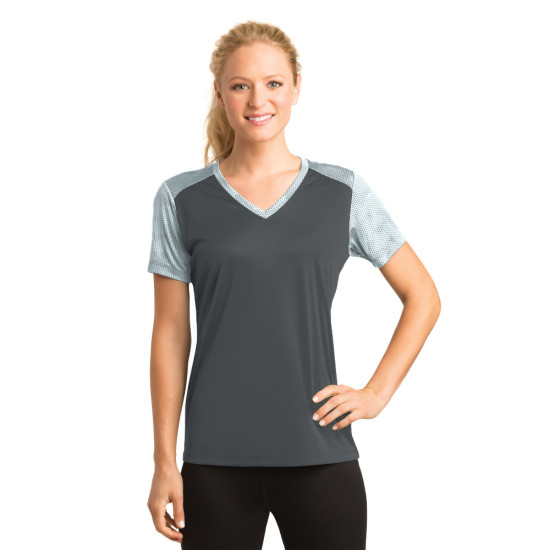 Sport-Tek® Ladies CamoHex Colorblock V-Neck Tee by Duffelbags.com